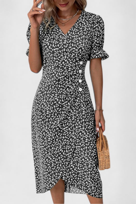 Joana Midi Floral Dress with V-Neck and Short Sleeves