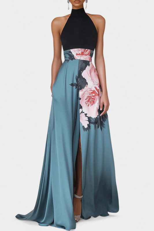 Radmila A-Line Dress with Black Bodice and Contrasting Floral Skirt