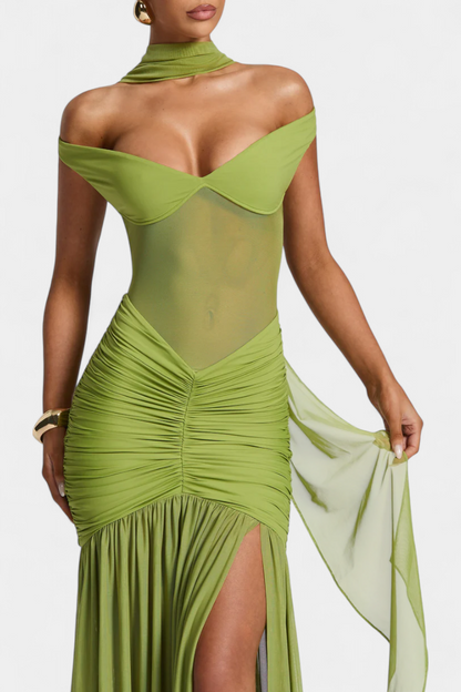 Therese Long Milk Silk Dress with Deep V-Neck and Sculpted Ruching