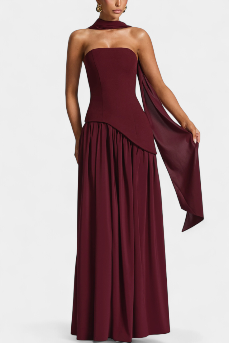 Maxi Pilgrim Dress with Off-Shoulder Sleeves Made of Chiffon with a Side Slit