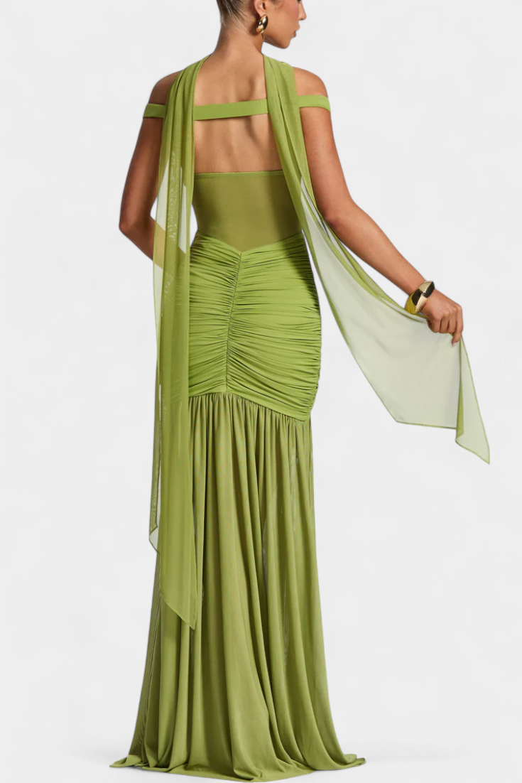 Therese Long Milk Silk Dress with Deep V-Neck and Sculpted Ruching