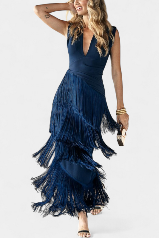 Dolcezza Elegant Maxi Dress with V-Neck, Pleats, and Fringes