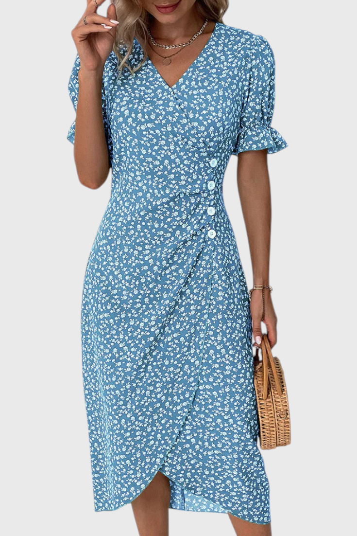 Joana Midi Floral Dress with V-Neck and Short Sleeves
