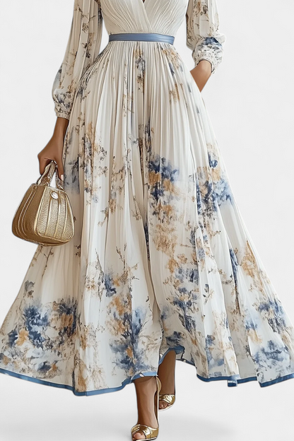 Phaedra Long Pleated Chiffon Dress with Balloon Sleeves