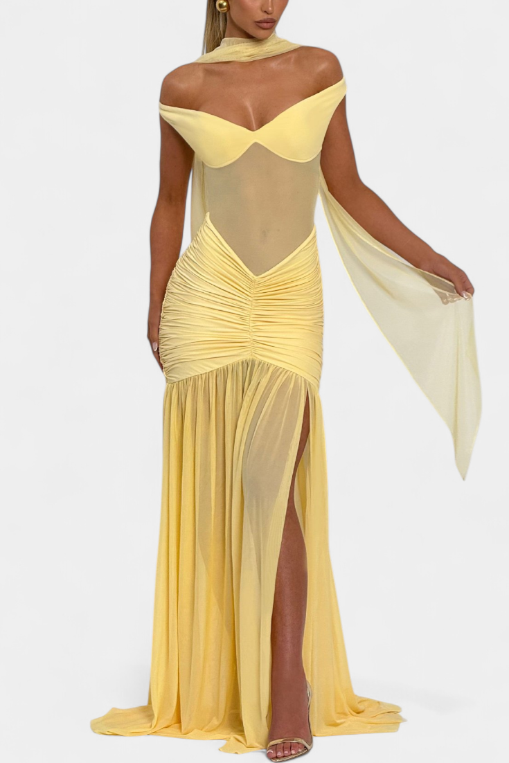 Therese Long Milk Silk Dress with Deep V-Neck and Sculpted Ruching