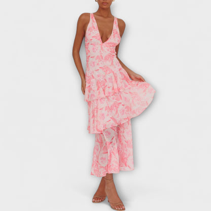 Domenica - V-Neck Chiffon Dress with Flowing Layers