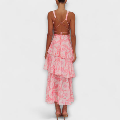 Domenica - V-Neck Chiffon Dress with Flowing Layers