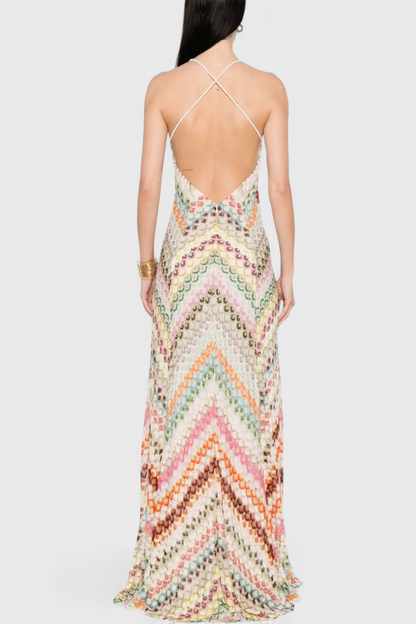 Agostina Long Lace Dress with V-Neck and Zigzag Pattern
