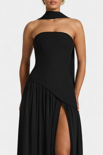 Maxi Pilgrim Dress with Off-Shoulder Sleeves Made of Chiffon with a Side Slit