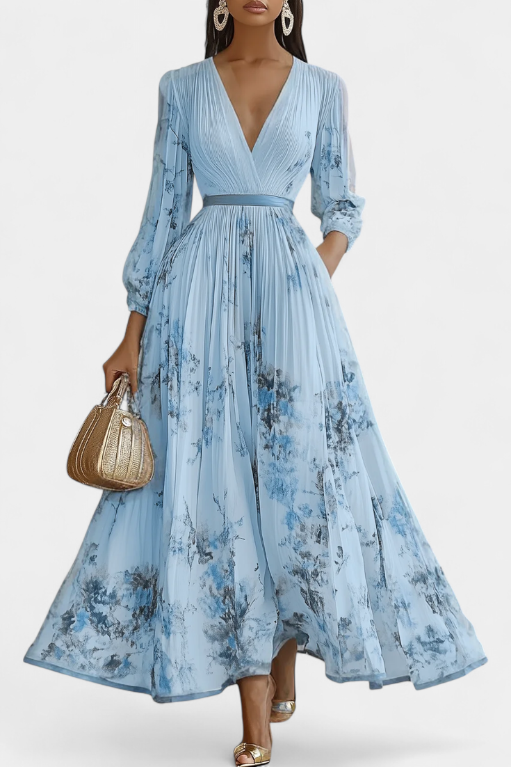 Phaedra Long Pleated Chiffon Dress with Balloon Sleeves