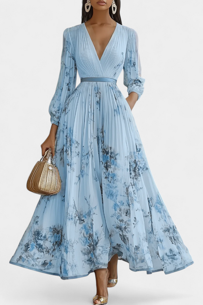 Phaedra Long Pleated Chiffon Dress with Balloon Sleeves